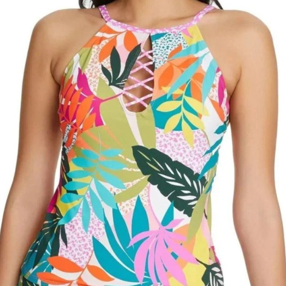Bleu Rod Beattie Multicolor Tropical Lace-Up Halter Bikini Top